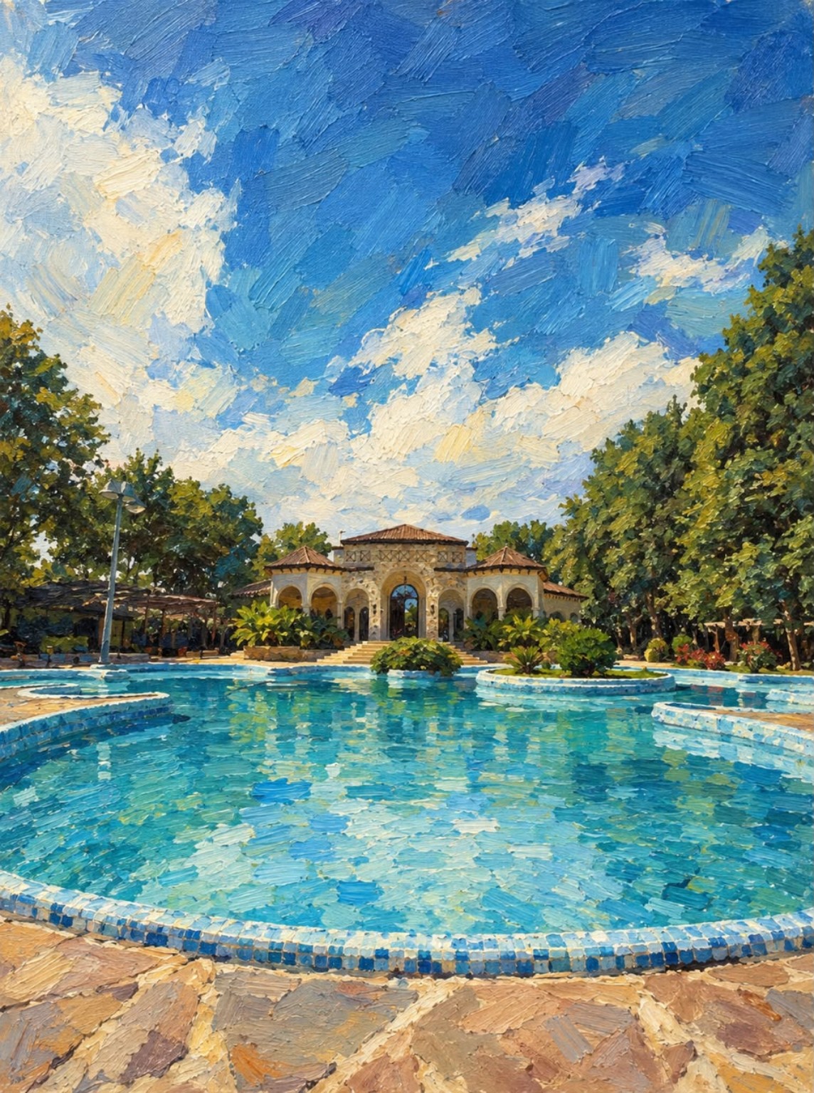 نقاشی باغ و عمارت مارینا با حوض آبی و آسمان روشن